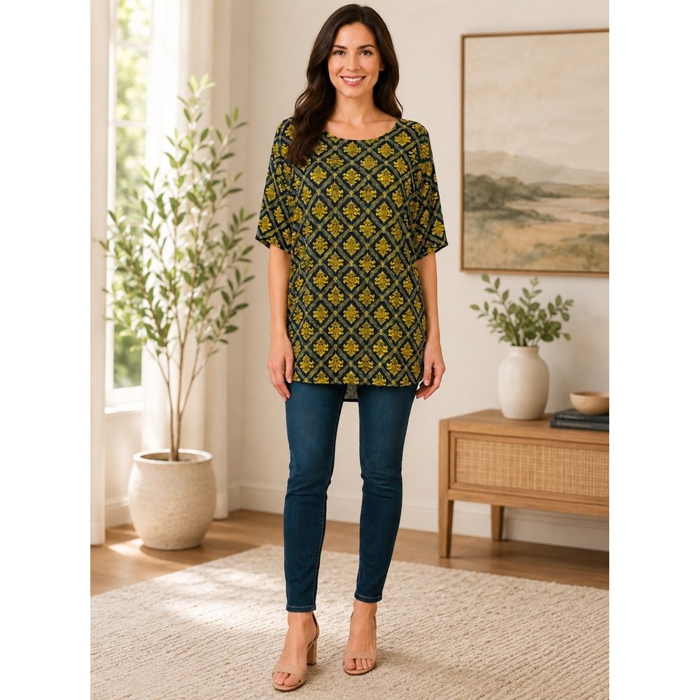 LuLaRoe Irma Tunic Top XS Navy Blue Yellow Damask Print